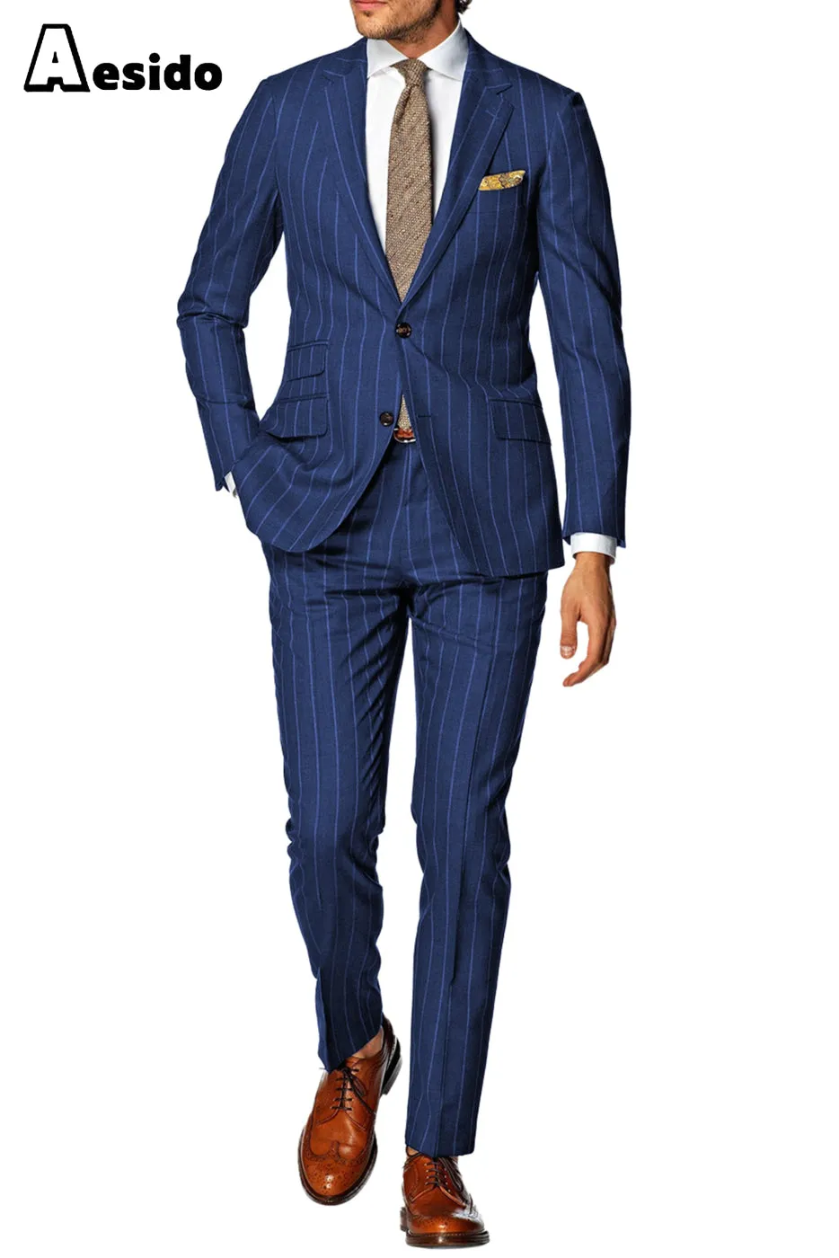 2 Piece Double Button Notch Lapel Multi Pocket Striped Men's Suit (Blazer Pants)