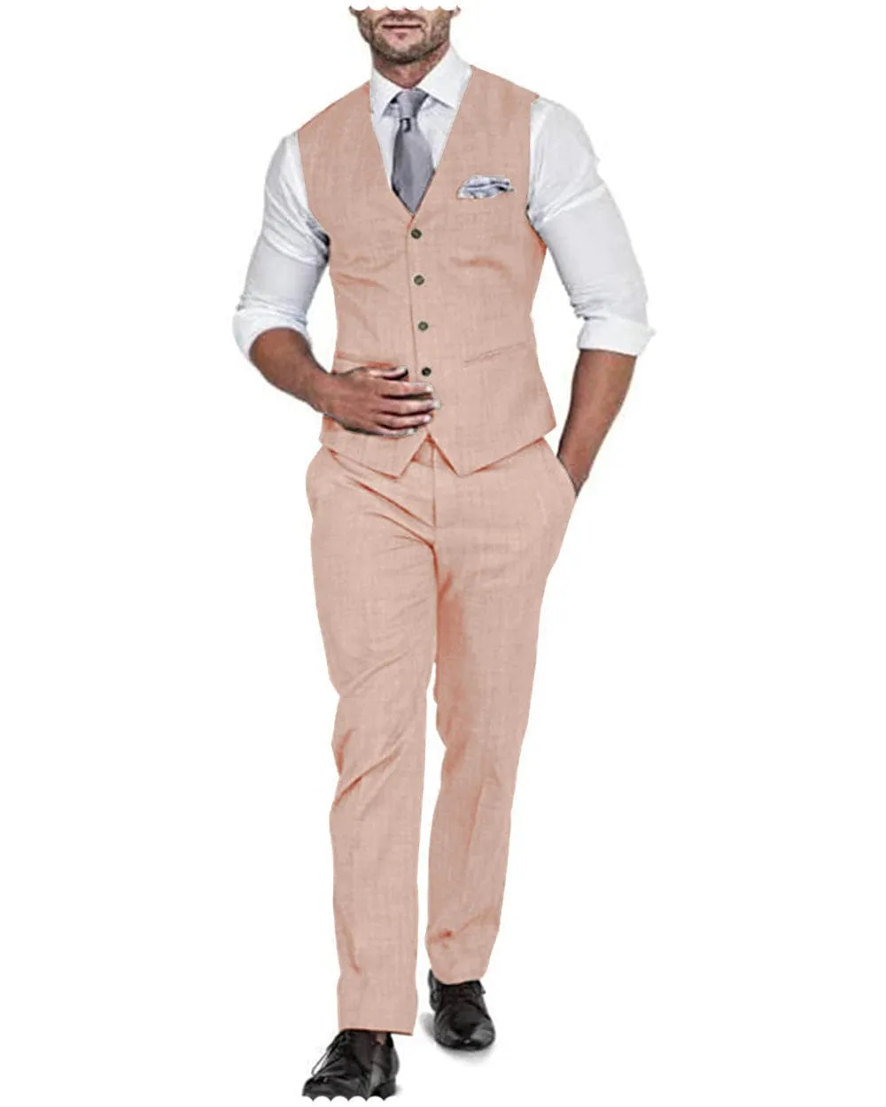 2 Pieces Casual Mens Suit Regular Fit Solidl Linen Blazer For Wedding (Vest   Pants)