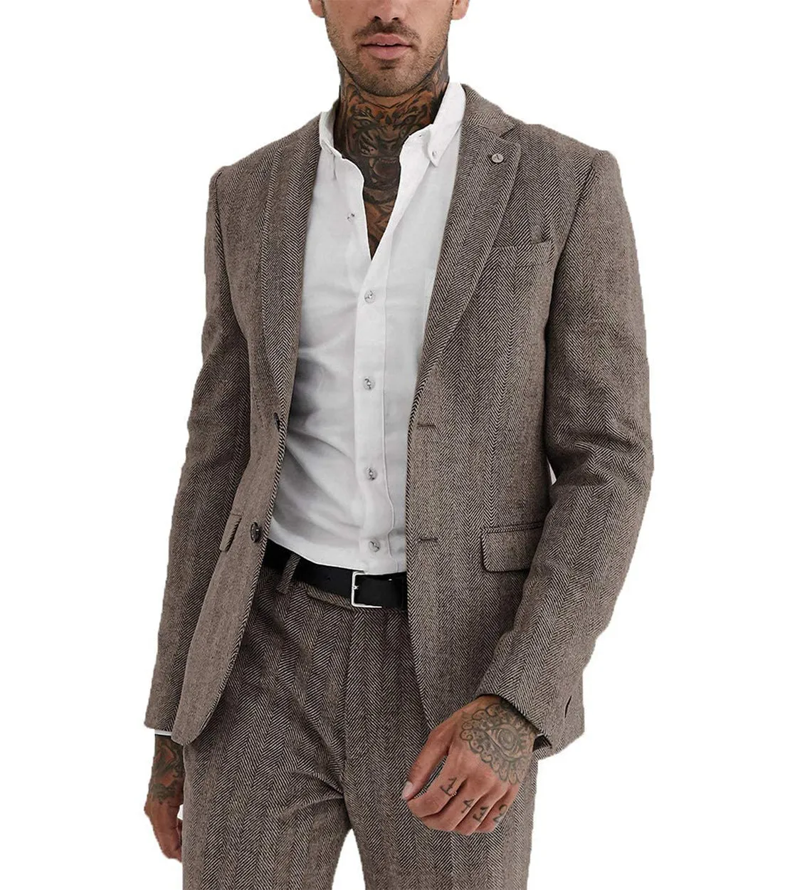 2 Pieces Mens Suit Herringbone Notch Lapel Blazer For Wedding (Blazer Pants)