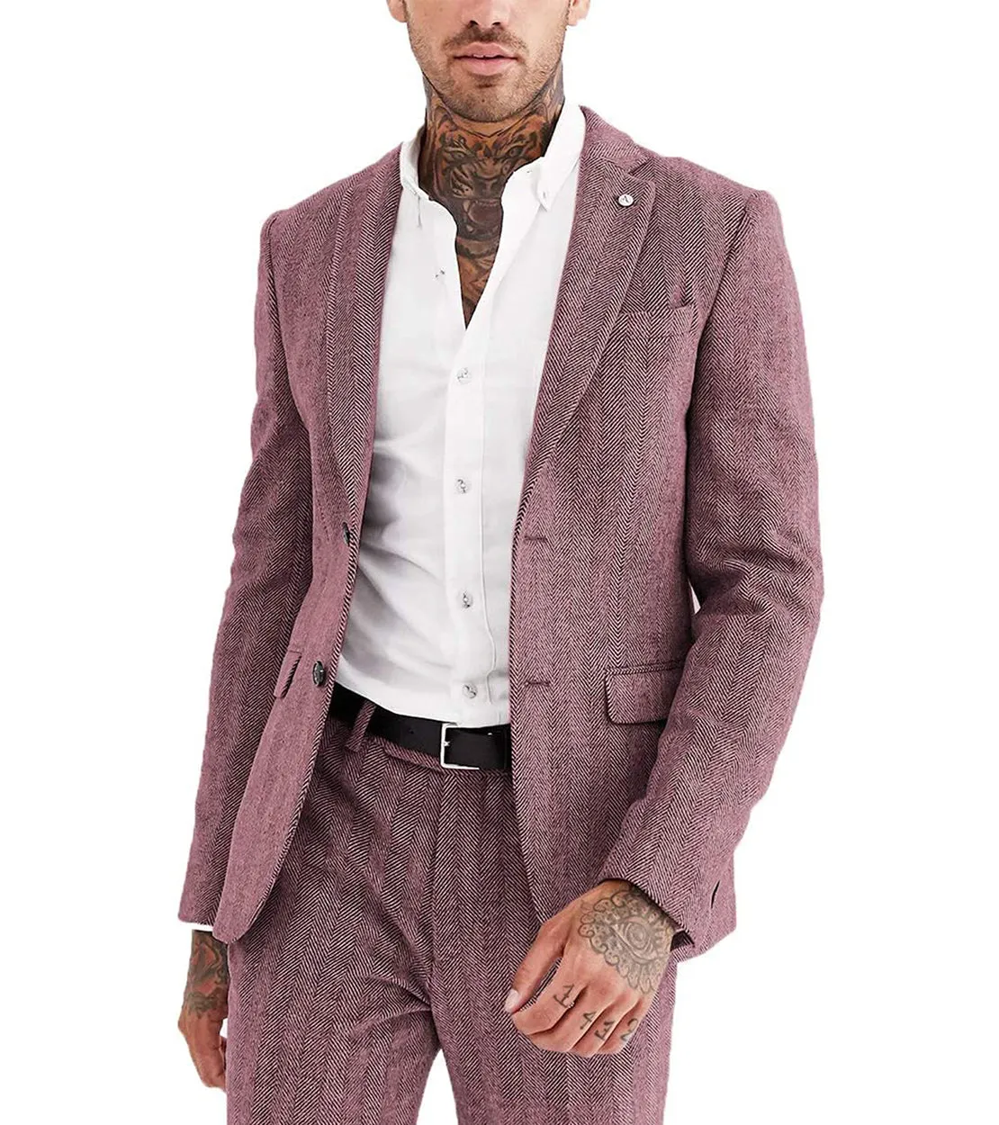 2 Pieces Mens Suit Herringbone Notch Lapel Blazer For Wedding (Blazer Pants)