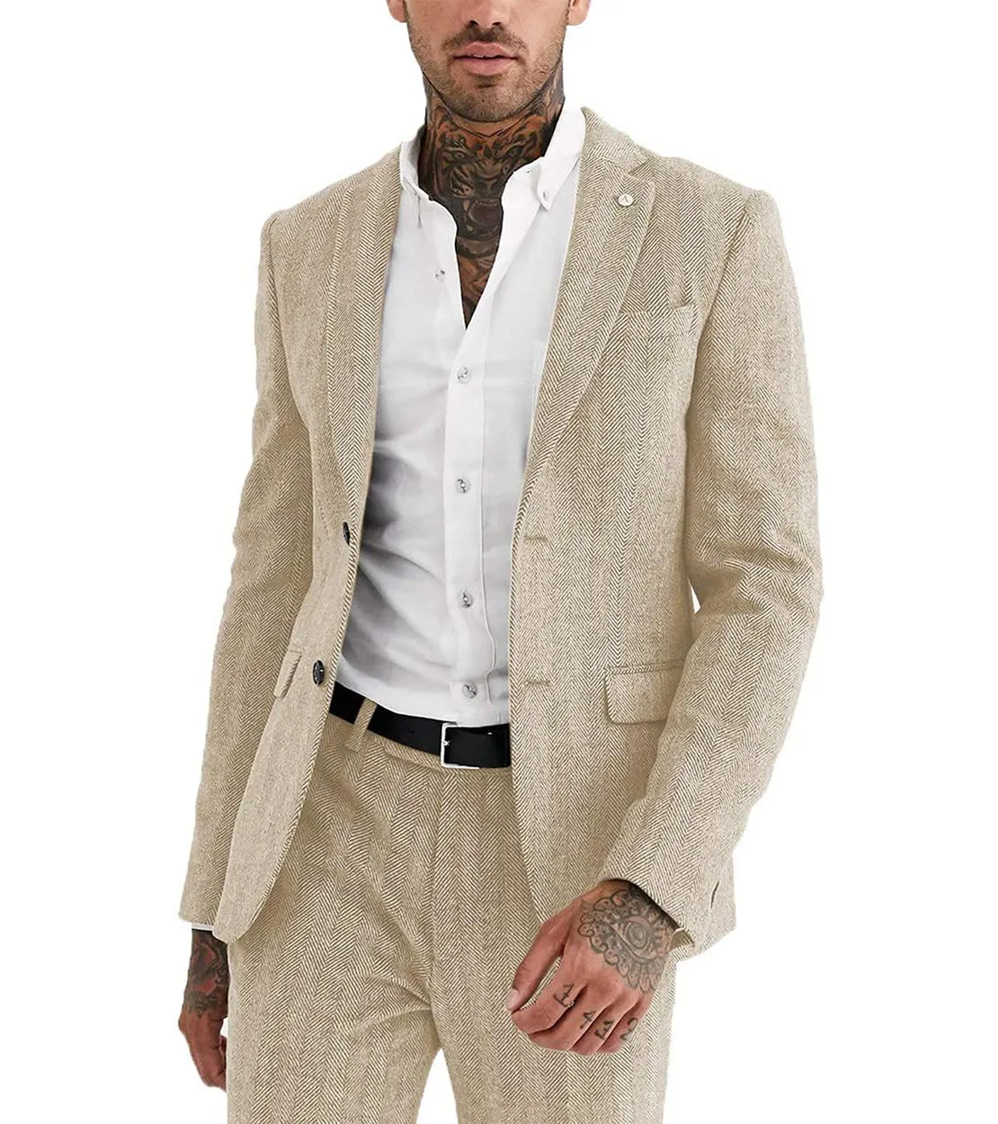 2 Pieces Mens Suit Herringbone Notch Lapel Blazer For Wedding (Blazer Pants)