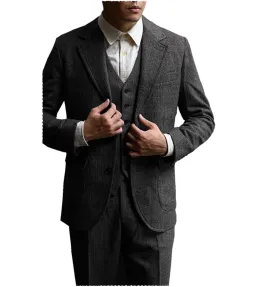 3 Piece Mens Suit Formal Herringbone Notch Lapel Tuxedos (Blazer Vest Pants)