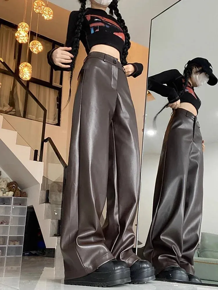 Aiertu PU Leather Straight Pant Black Women Autumn Wide Leg Leather Baggy Pants High Waist Casual Streetwear Loose Trousers