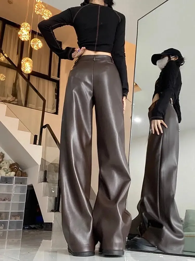 Aiertu PU Leather Straight Pant Black Women Autumn Wide Leg Leather Baggy Pants High Waist Casual Streetwear Loose Trousers