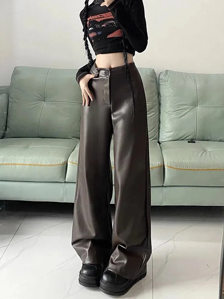 Aiertu PU Leather Straight Pant Black Women Autumn Wide Leg Leather Baggy Pants High Waist Casual Streetwear Loose Trousers