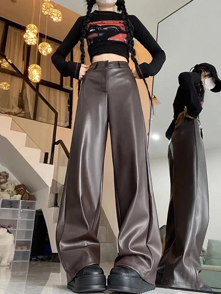 Aiertu PU Leather Straight Pant Black Women Autumn Wide Leg Leather Baggy Pants High Waist Casual Streetwear Loose Trousers