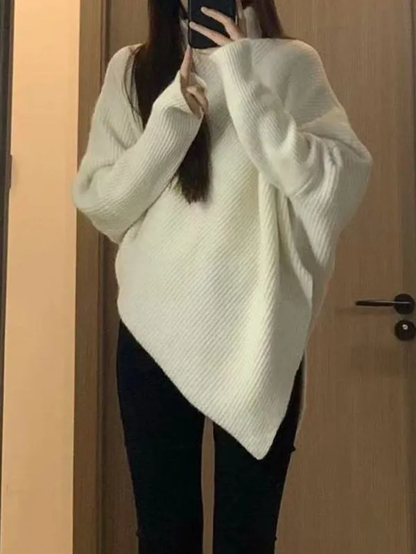 Asymmetric Solid Color Velvet Long Sleeves Loose High Neck Sweater Tops Pullovers Knitwear