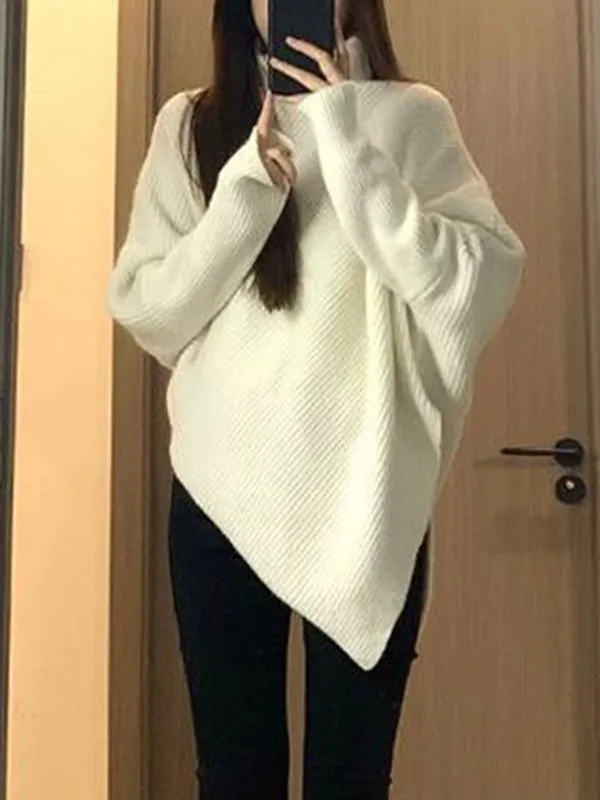 Asymmetric Solid Color Velvet Long Sleeves Loose High Neck Sweater Tops Pullovers Knitwear