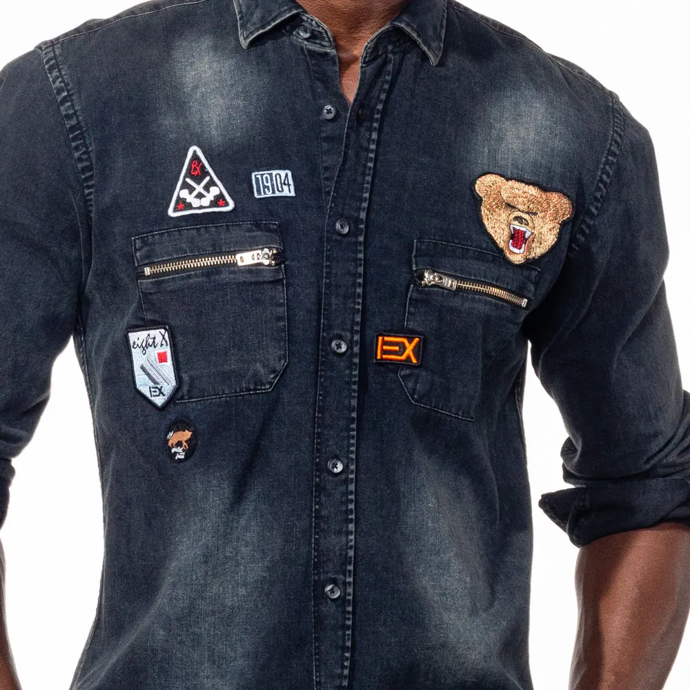 Black Grizzly Bear Denim Button Down Shirt