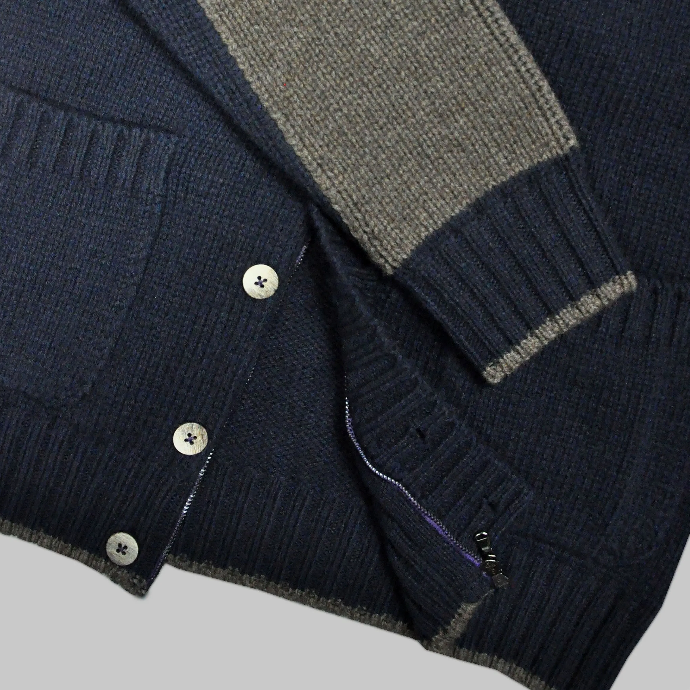 Chunky Yak's Wool Cardi in Navy with Brown Trim