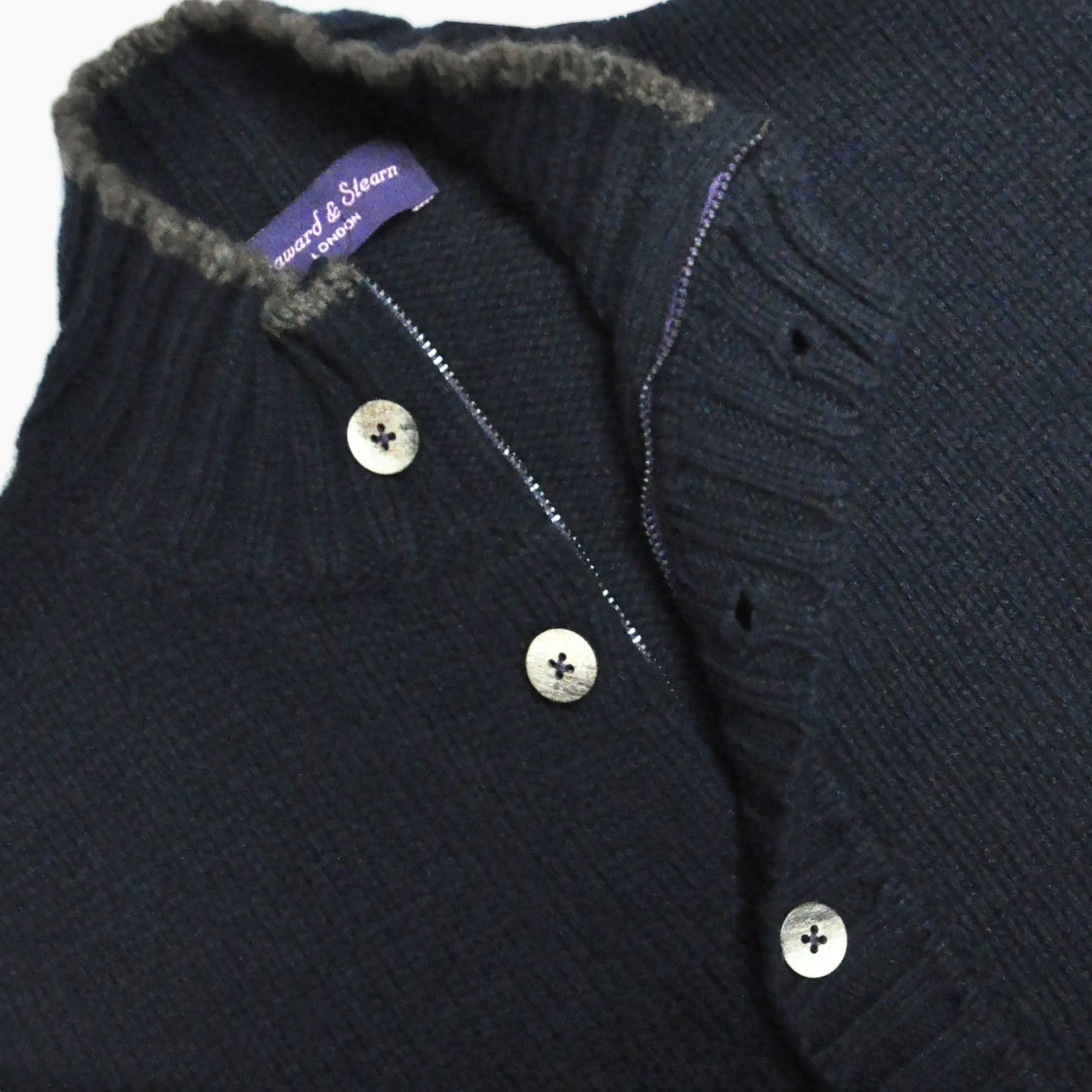 Chunky Yak's Wool Cardi in Navy with Brown Trim