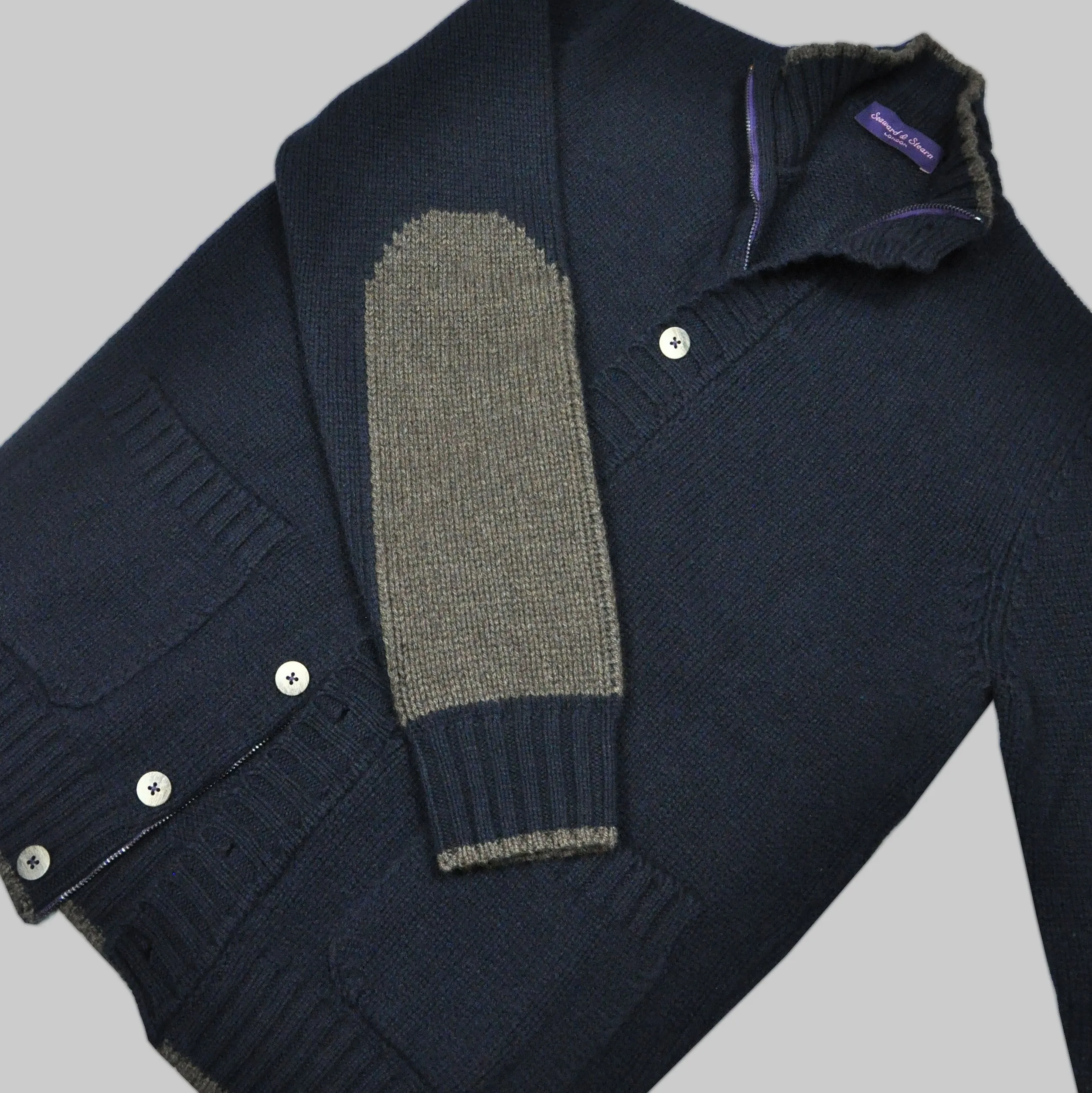 Chunky Yak's Wool Cardi in Navy with Brown Trim