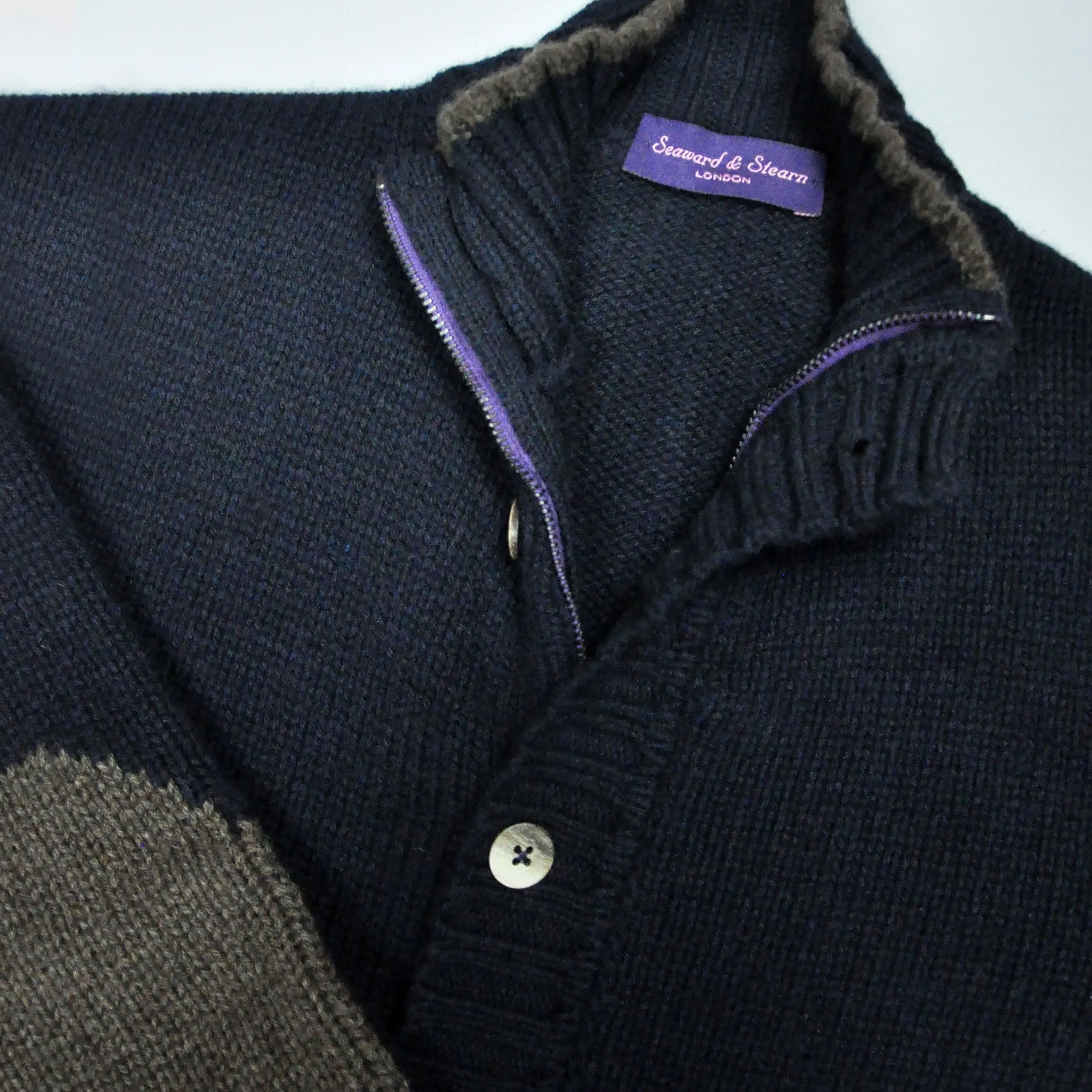 Chunky Yak's Wool Cardi in Navy with Brown Trim