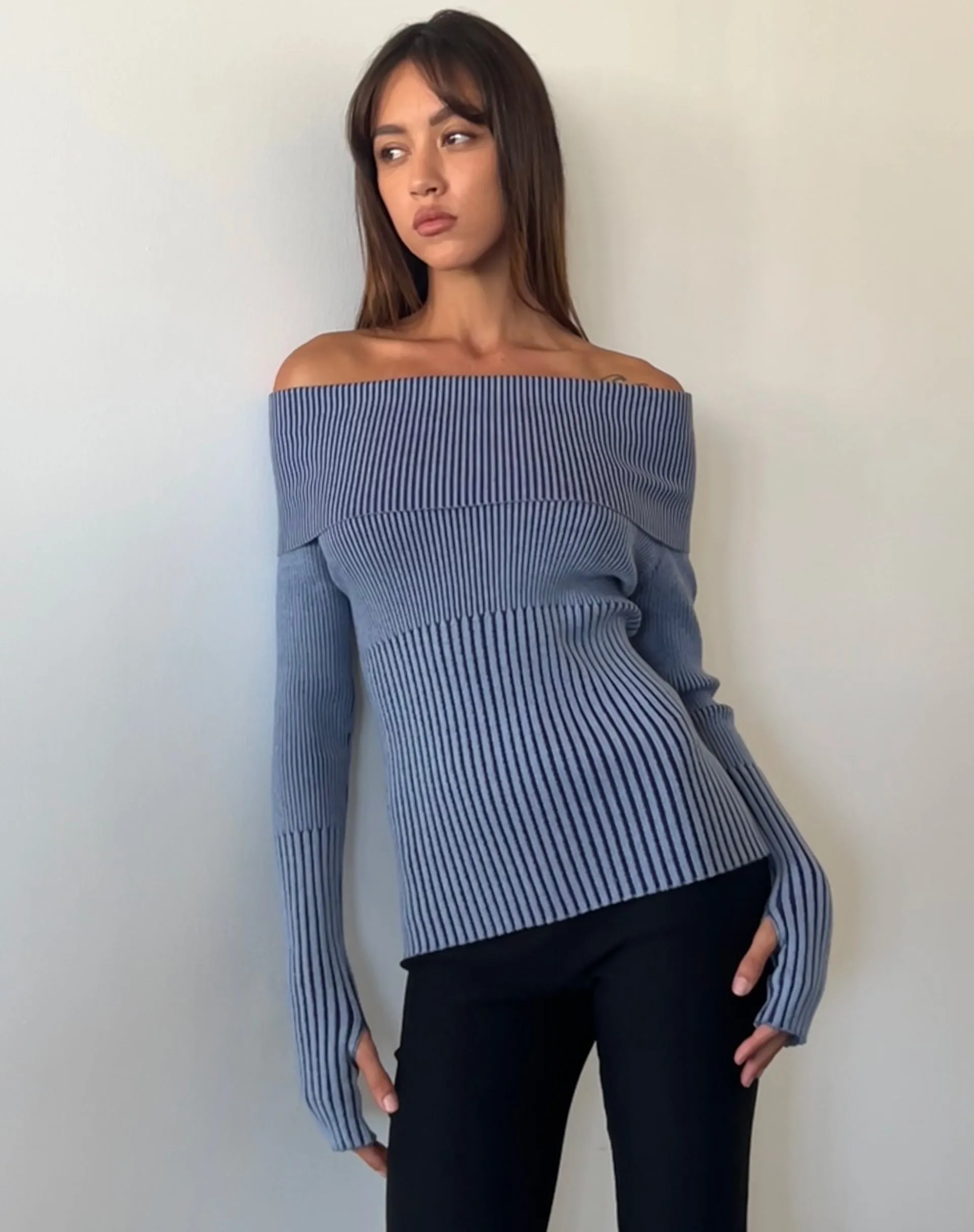 Circe Knitted Bardot Jumper in Two Tone Blue