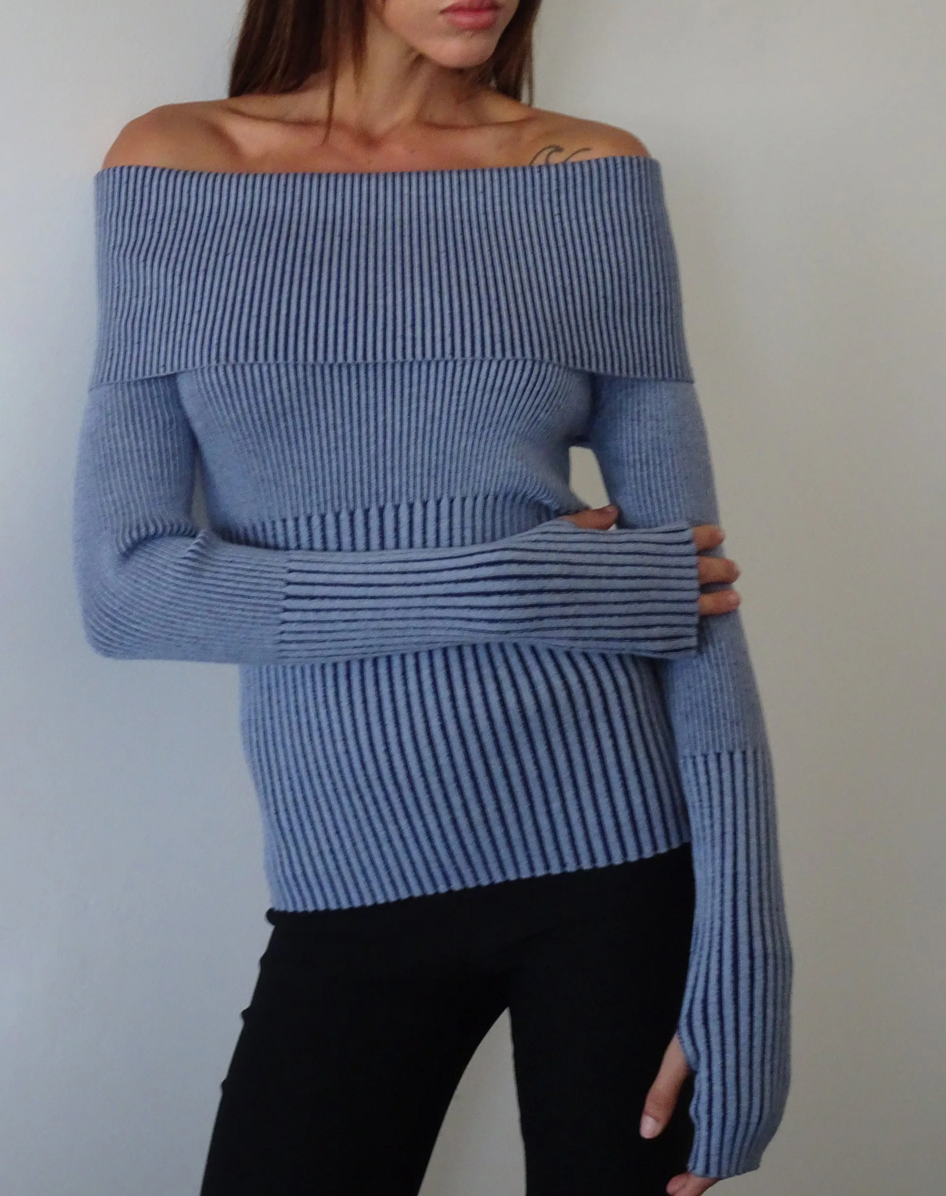 Circe Knitted Bardot Jumper in Two Tone Blue