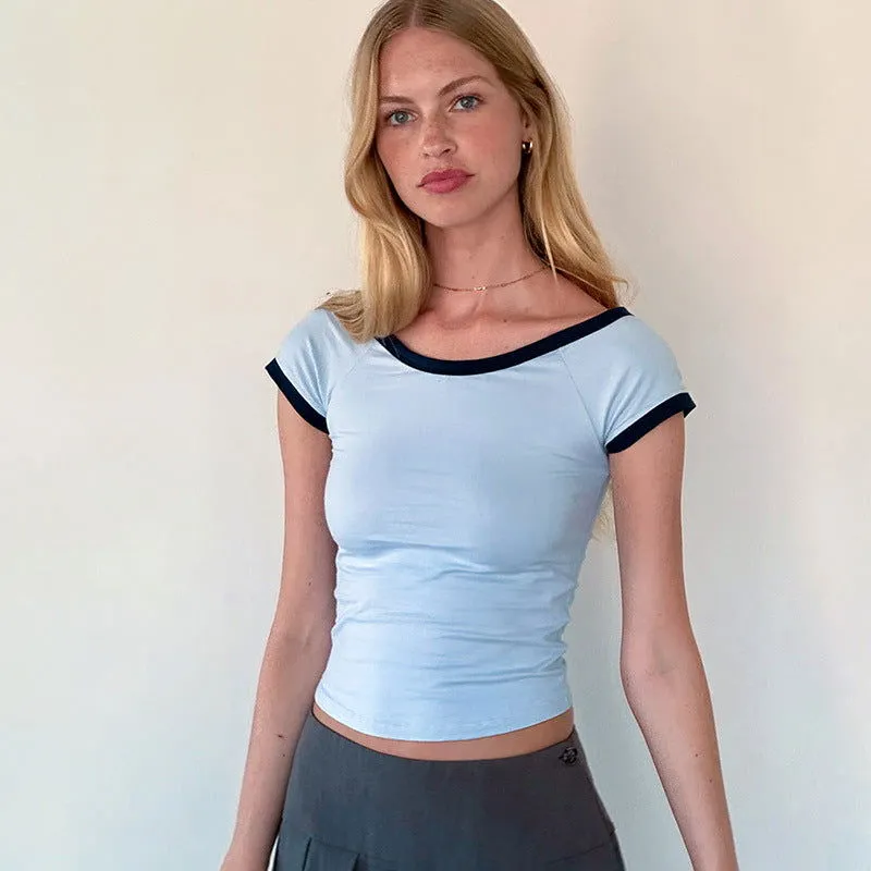 Contrast Color off Neck Clavicle Short Cropped Top Women Summer