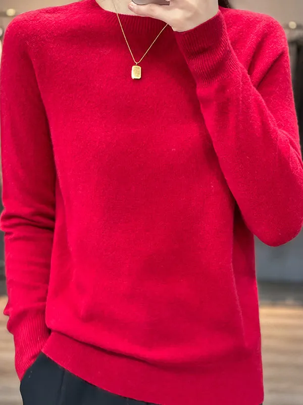 Elasticity Solid Color Long Sleeves Loose Round-Neck Sweater Pullovers Knitwear