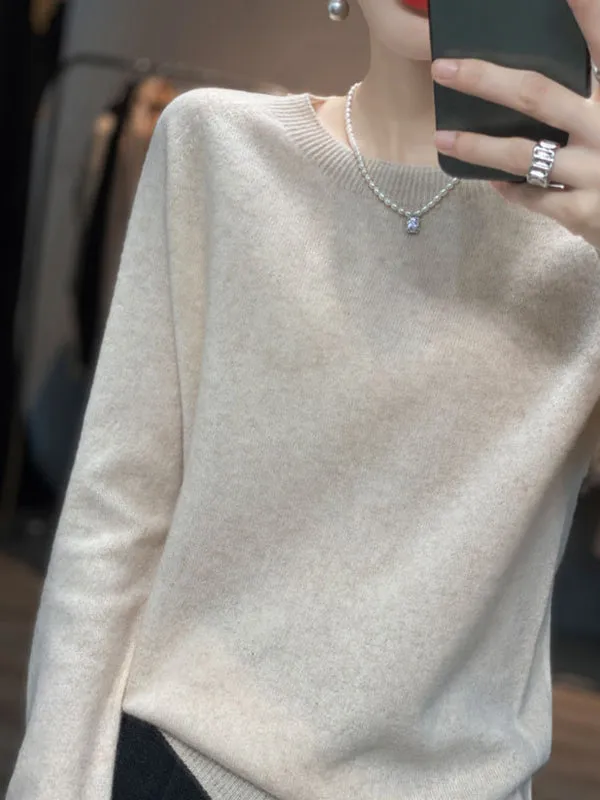 Elasticity Solid Color Long Sleeves Loose Round-Neck Sweater Pullovers Knitwear