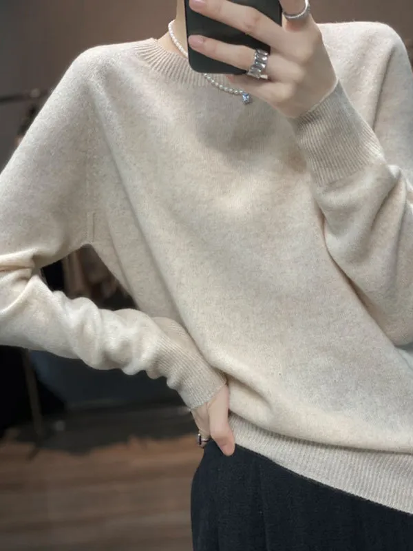 Elasticity Solid Color Long Sleeves Loose Round-Neck Sweater Pullovers Knitwear