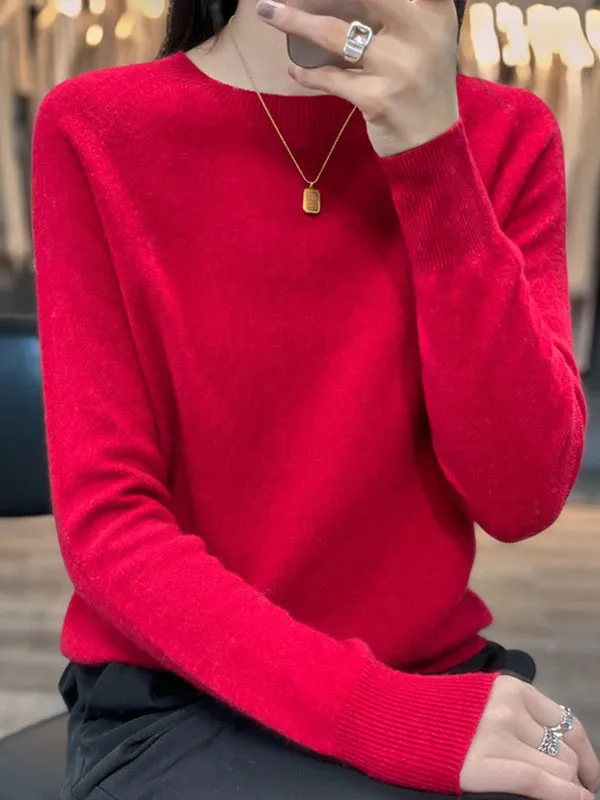 Elasticity Solid Color Long Sleeves Loose Round-Neck Sweater Pullovers Knitwear