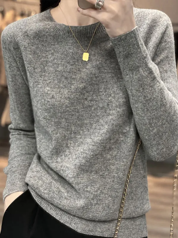 Elasticity Solid Color Long Sleeves Loose Round-Neck Sweater Pullovers Knitwear