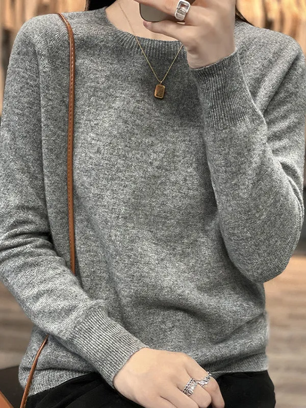 Elasticity Solid Color Long Sleeves Loose Round-Neck Sweater Pullovers Knitwear