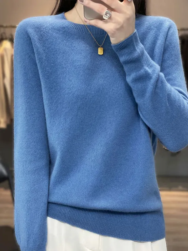 Elasticity Solid Color Long Sleeves Loose Round-Neck Sweater Pullovers Knitwear