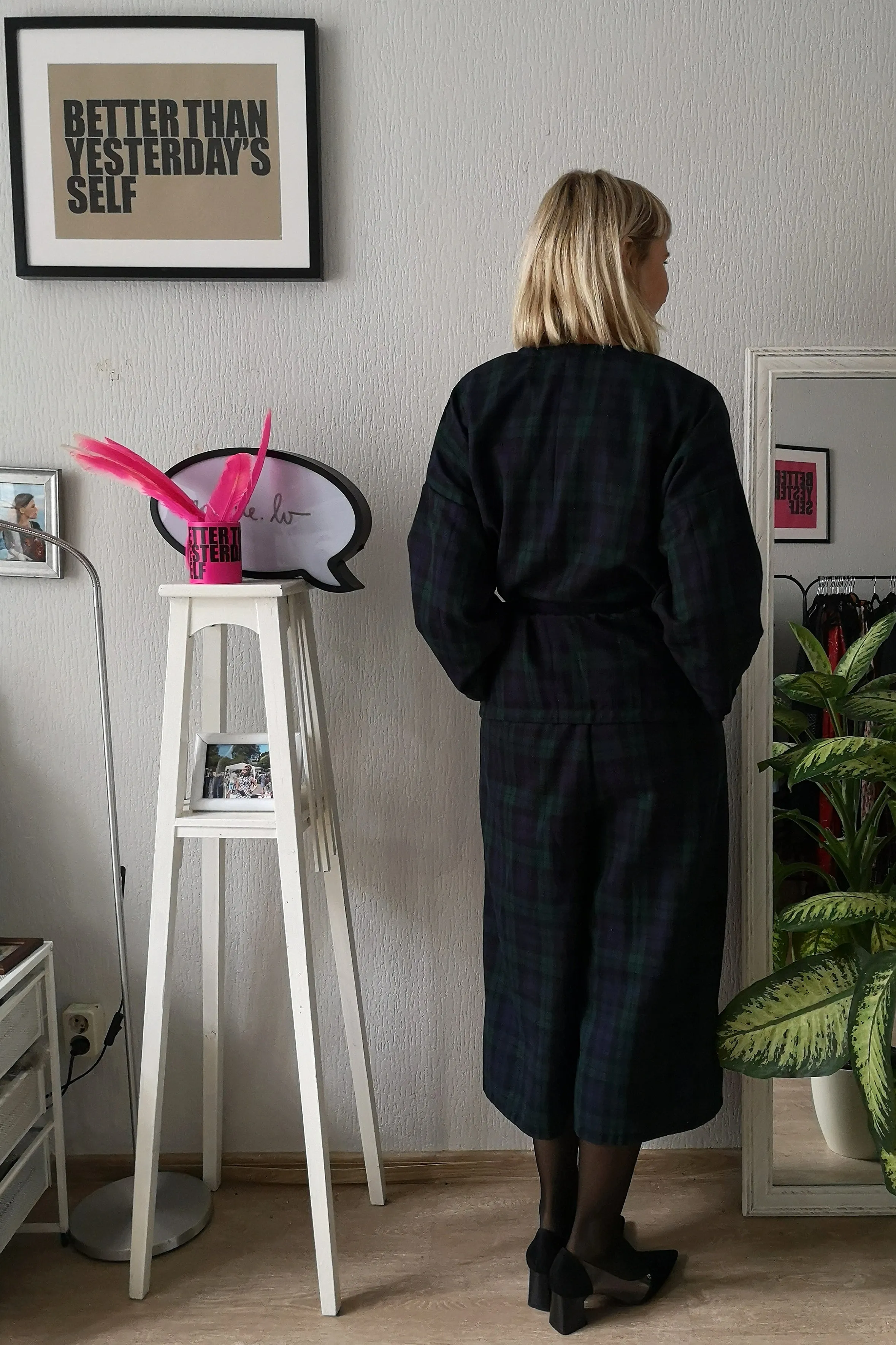 Elegant and Super Cool Wool Blend Tartan suit With Wide Culottes and Kimono Style Jacket