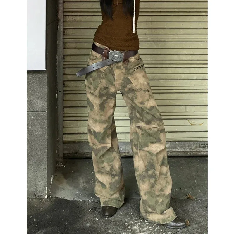 Girlary Womens Jeans High Waist Vintage Camouflage Straight LOOSE Denim Pants Streetwear American Classic Fashion Wide Leg Denim Trouser