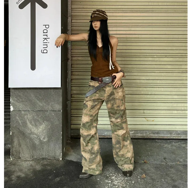 Girlary Womens Jeans High Waist Vintage Camouflage Straight LOOSE Denim Pants Streetwear American Classic Fashion Wide Leg Denim Trouser