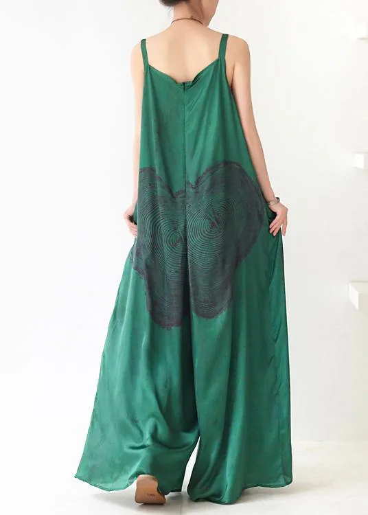 Green Print Jumpsuit Summer Strap Wide Leg Pants