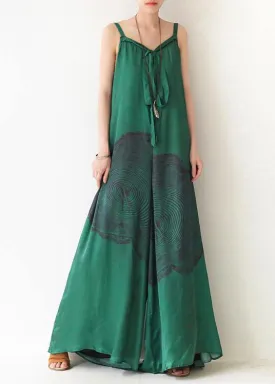 Green Print Jumpsuit Summer Strap Wide Leg Pants