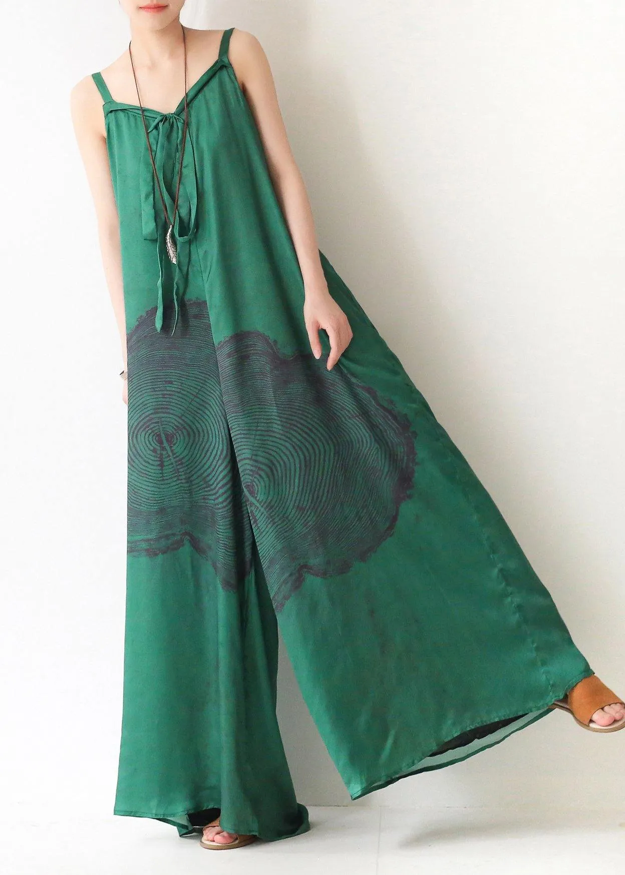 Green Print Jumpsuit Summer Strap Wide Leg Pants