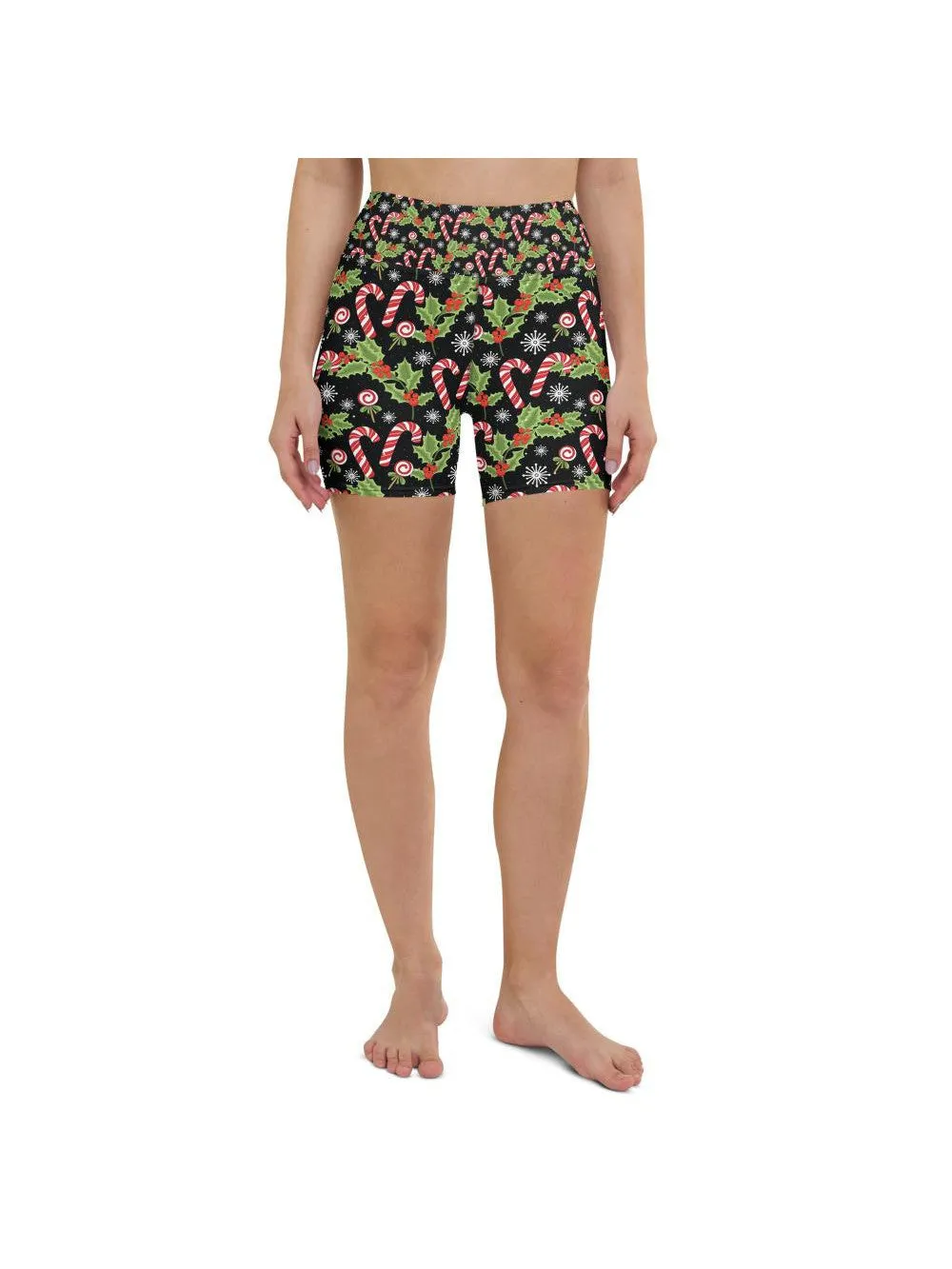 Holly Leaves with Berries Yoga Shorts