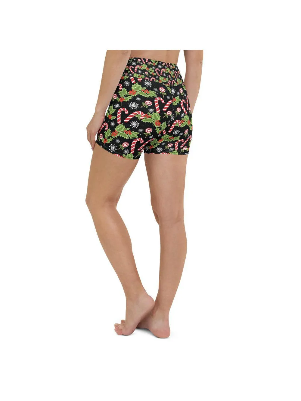 Holly Leaves with Berries Yoga Shorts