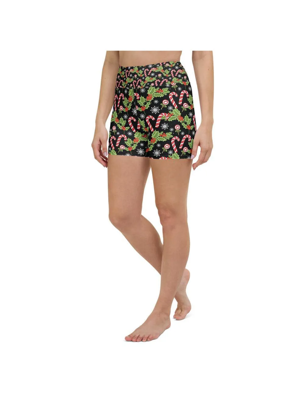 Holly Leaves with Berries Yoga Shorts