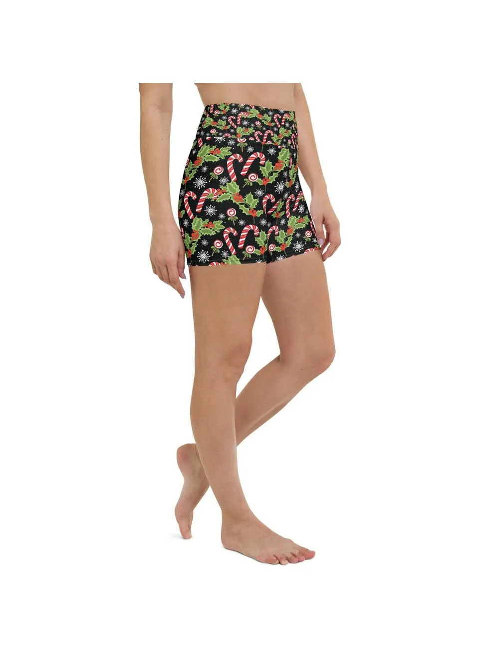 Holly Leaves with Berries Yoga Shorts