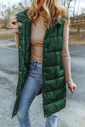 Long Green Hooded Vest Quilted Coat