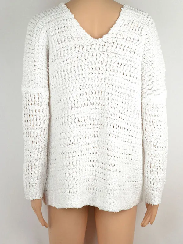 Long Sleeves Loose Hollow Solid Color Round-Neck Knitwear Pullovers Sweater Tops