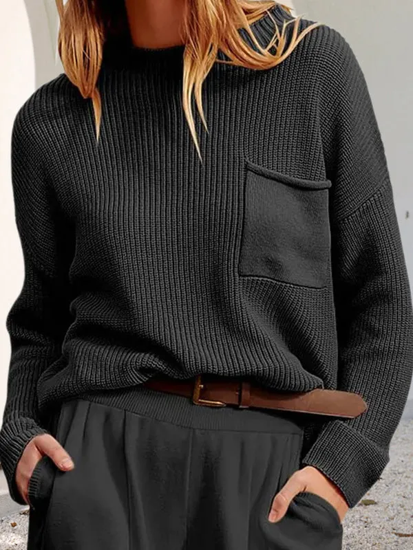 Long Sleeves Loose Pockets Solid Color Round-Neck Knitwear Pullovers Sweater Tops