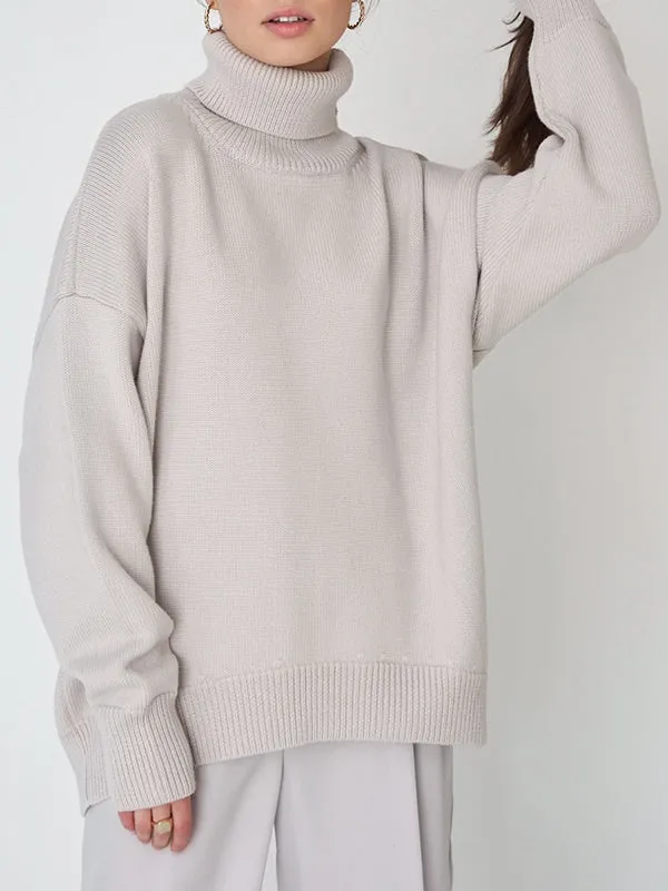 Long Sleeves Loose Solid Color High Neck Knitwear Pullovers Sweater Tops