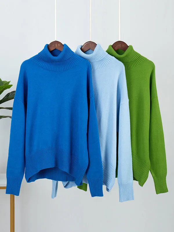 Long Sleeves Loose Solid Color High Neck Knitwear Pullovers Sweater Tops