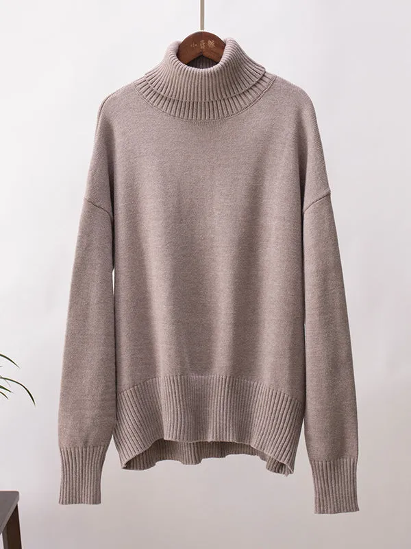 Long Sleeves Loose Solid Color High Neck Knitwear Pullovers Sweater Tops