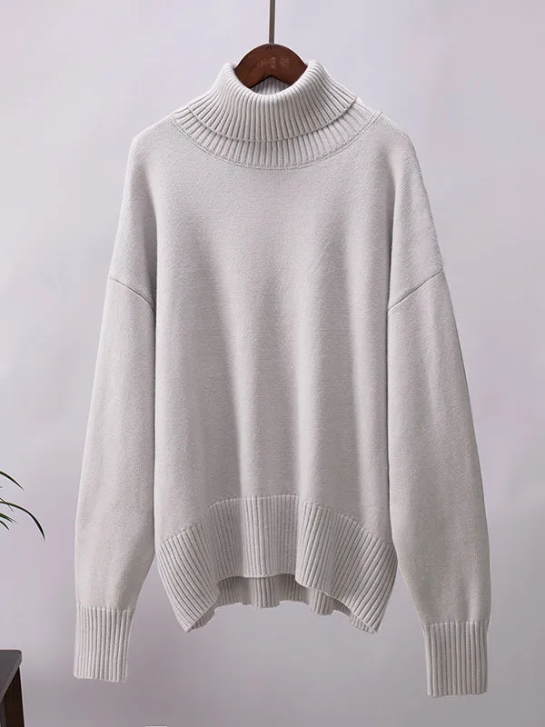 Long Sleeves Loose Solid Color High Neck Knitwear Pullovers Sweater Tops