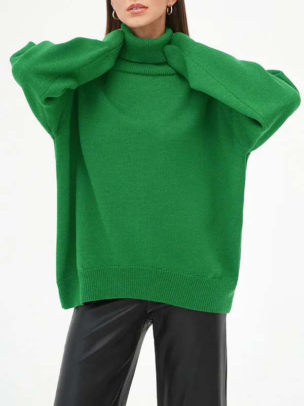 Long Sleeves Loose Solid Color High Neck Knitwear Pullovers Sweater Tops