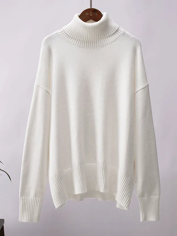 Long Sleeves Loose Solid Color High Neck Knitwear Pullovers Sweater Tops