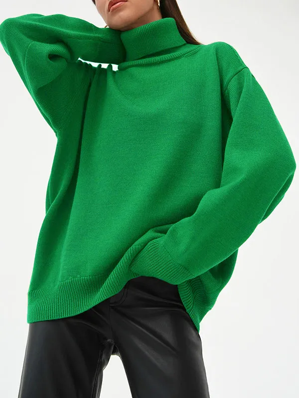 Long Sleeves Loose Solid Color High Neck Knitwear Pullovers Sweater Tops