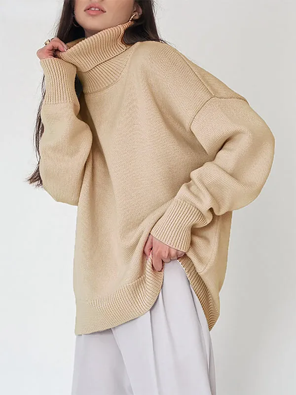 Long Sleeves Loose Solid Color High Neck Knitwear Pullovers Sweater Tops