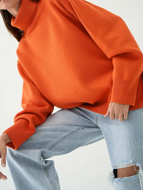 Long Sleeves Loose Solid Color High Neck Knitwear Pullovers Sweater Tops