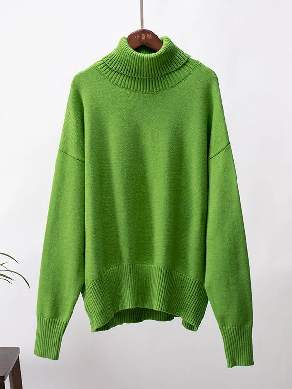 Long Sleeves Loose Solid Color High Neck Knitwear Pullovers Sweater Tops